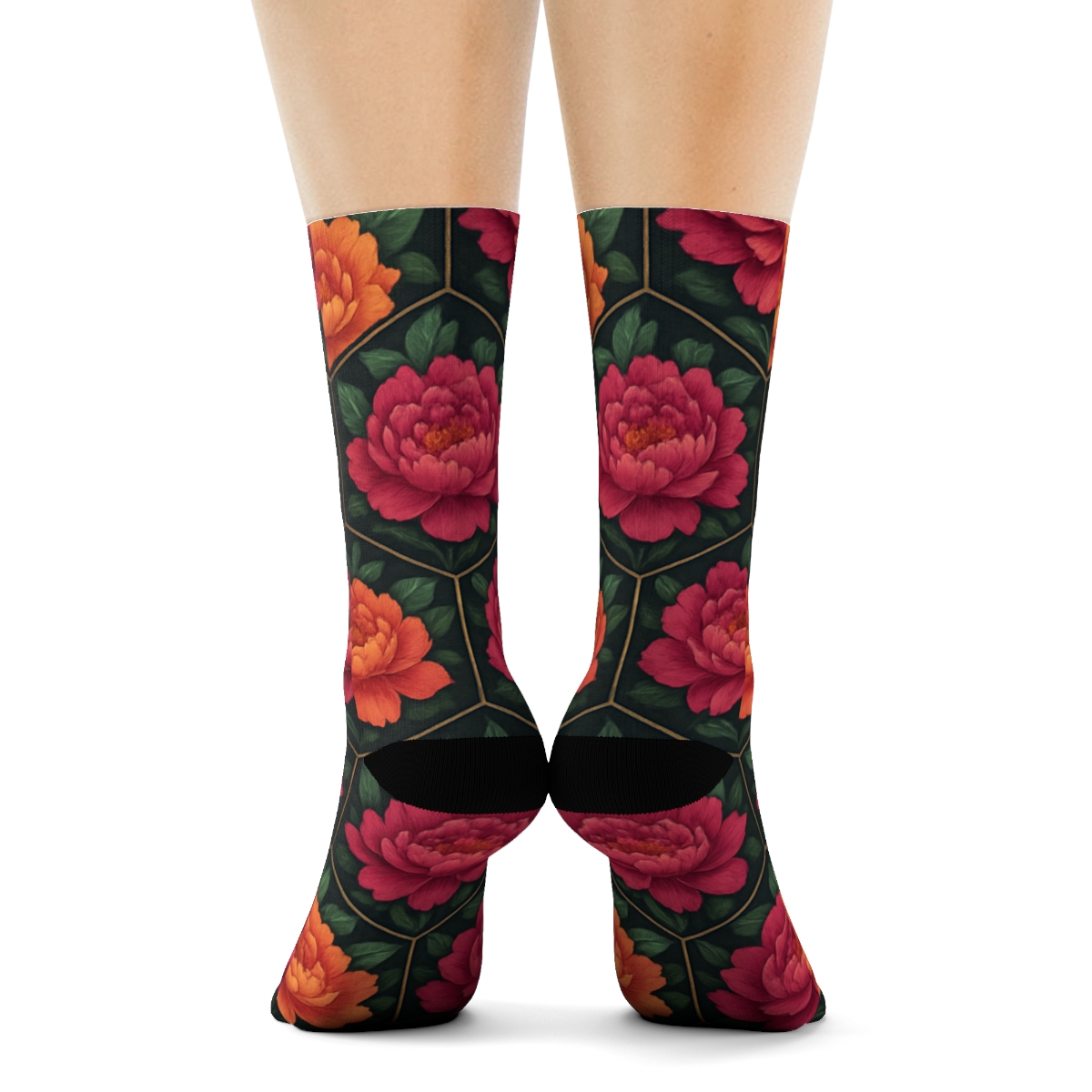 Peony Mosaic Tessellation On Charcoal Background trendy patterned crew socks