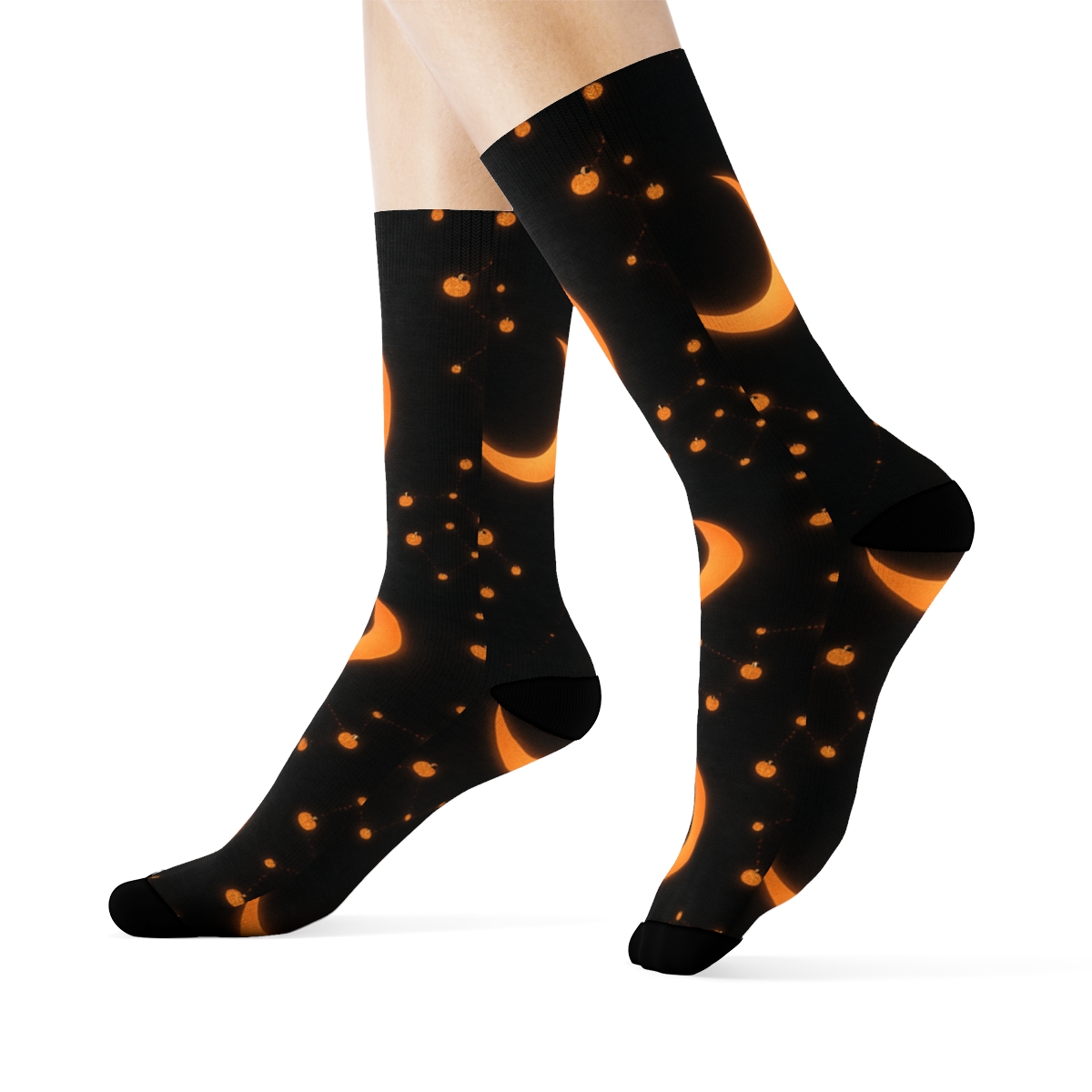 Crescent Moon Glow With Pumpkin Constellations On Black Background designer printed crew socks