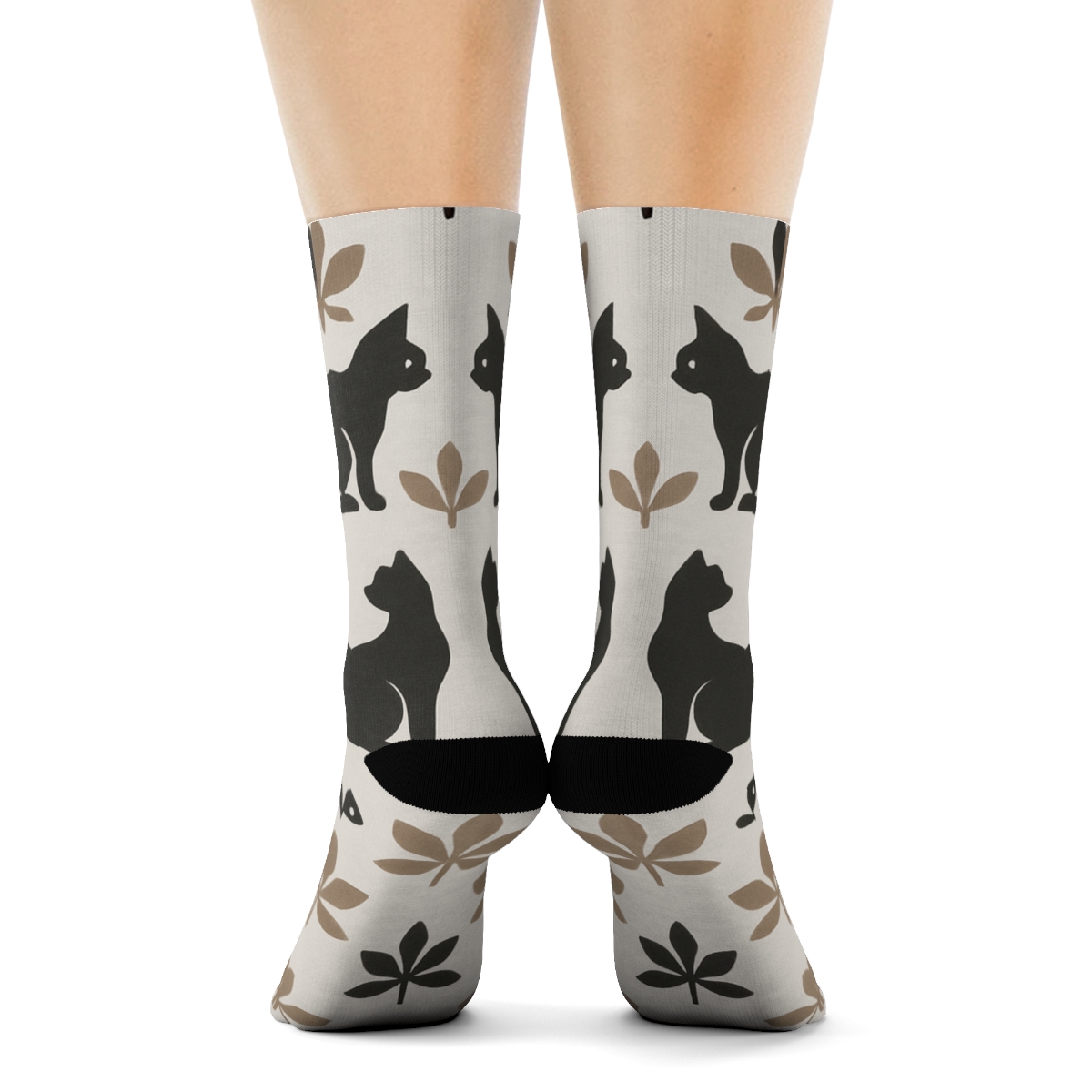 Botanical Tiles With Cat Silhouettes In Charcoal personalized crew socks