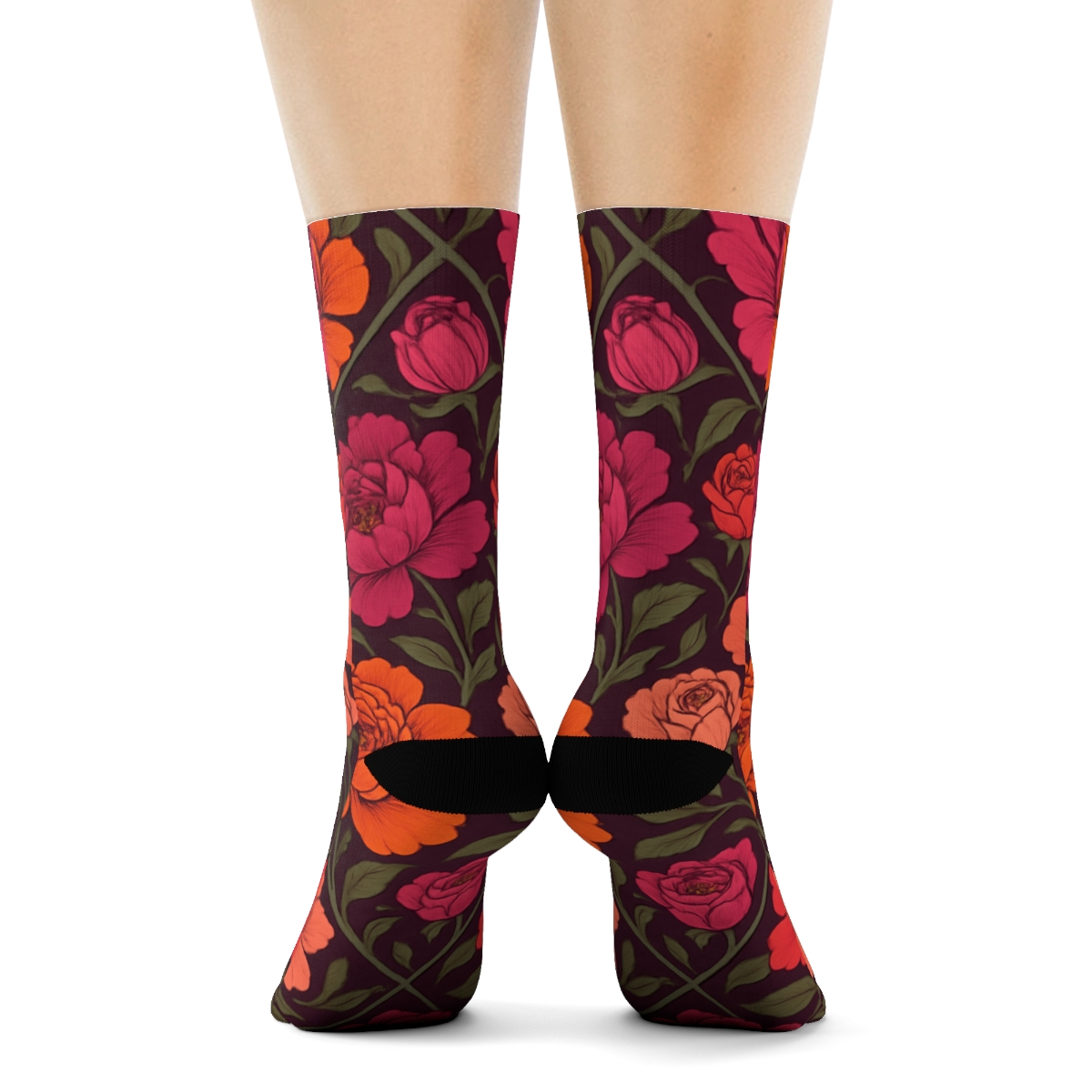 Sunset Peony And Rose Diagonal Trellis On Deep Plum Background unique graphic crew socks