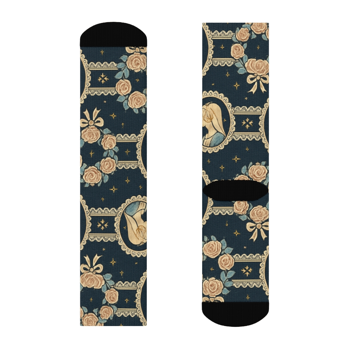 Mary-Brocade Ribbon And Rose Medallions premium sports crew socks