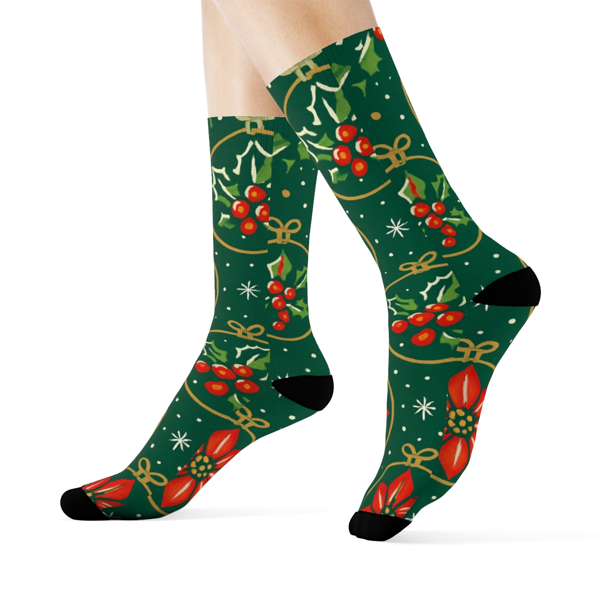 Crimson Poinsettia Ornament Lattice On Pine Green Background personalized crew socks