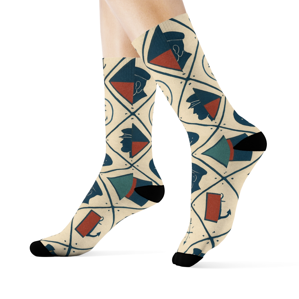 Nautical Flag Lattice With Ship Captain Cameos premium sports crew socksNautical Flag Lattice with Ship captain Cameos Crew Socks - Image 3