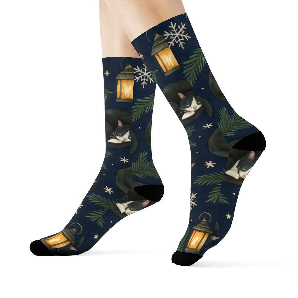 Midnight Carol Cats Scatter trendy patterned crew socks