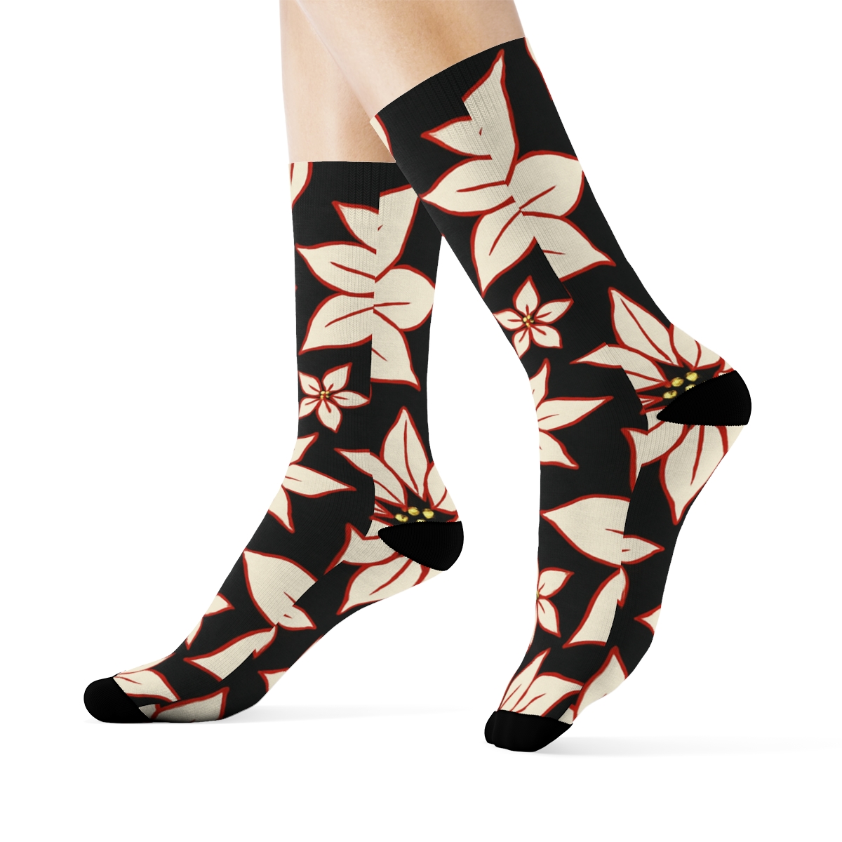 Poinsettia Silhouette Scatter On Coal trendy patterned crew socks