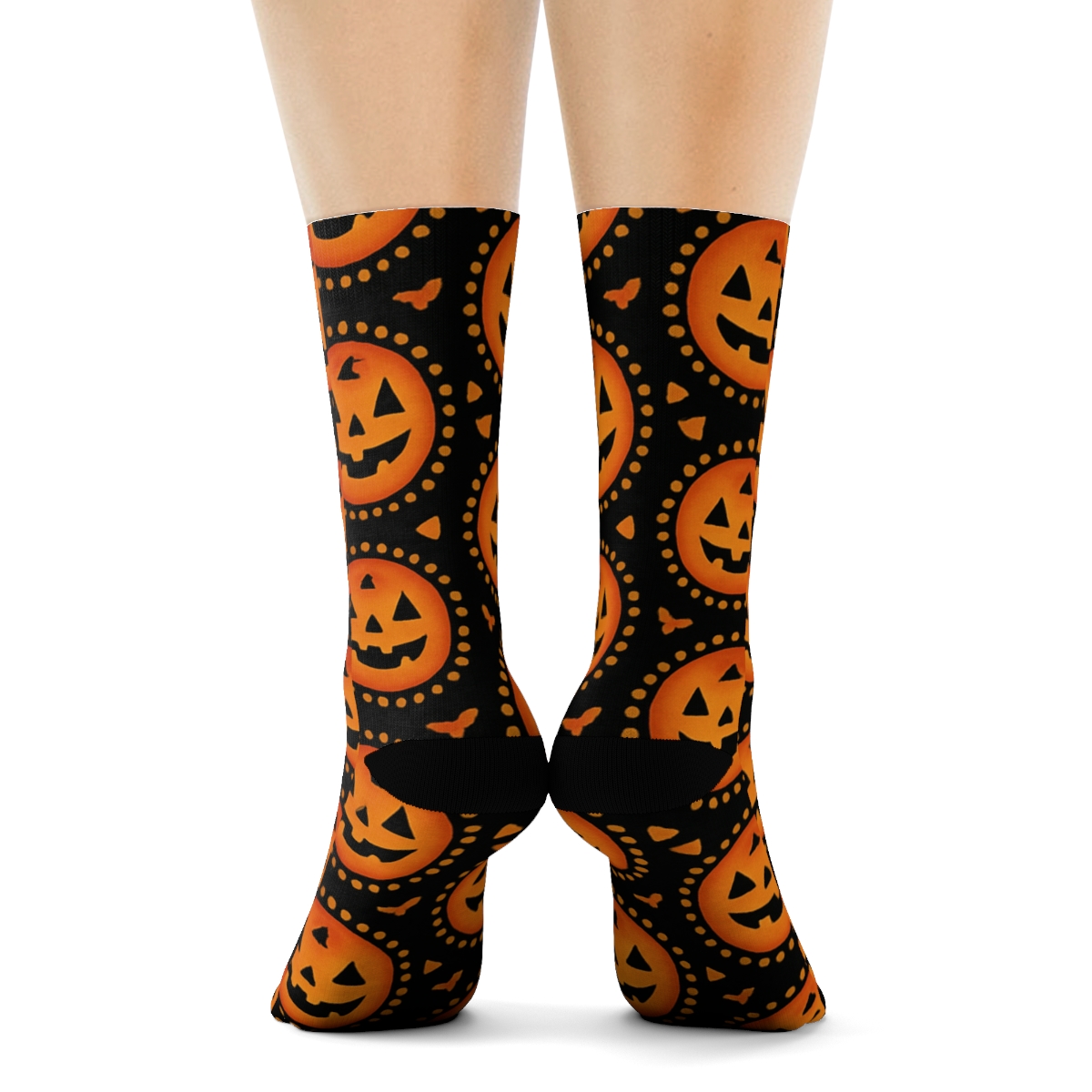 Glowing Jack O Lantern Medallion Tiles On Black Background comfortable cotton crew socks