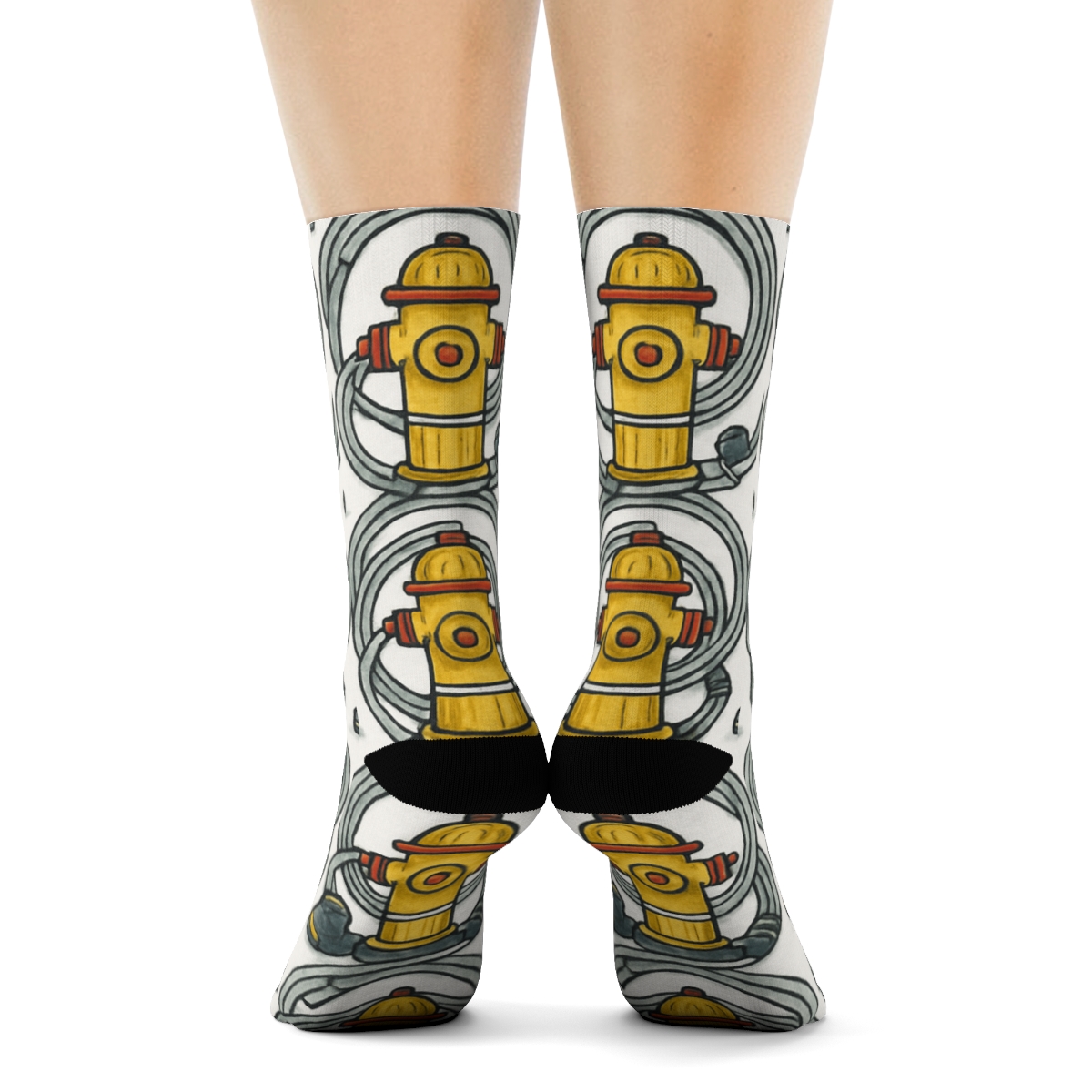 Hydrant Grid With Fire Fighter Equipment Collage designer printed crew socks