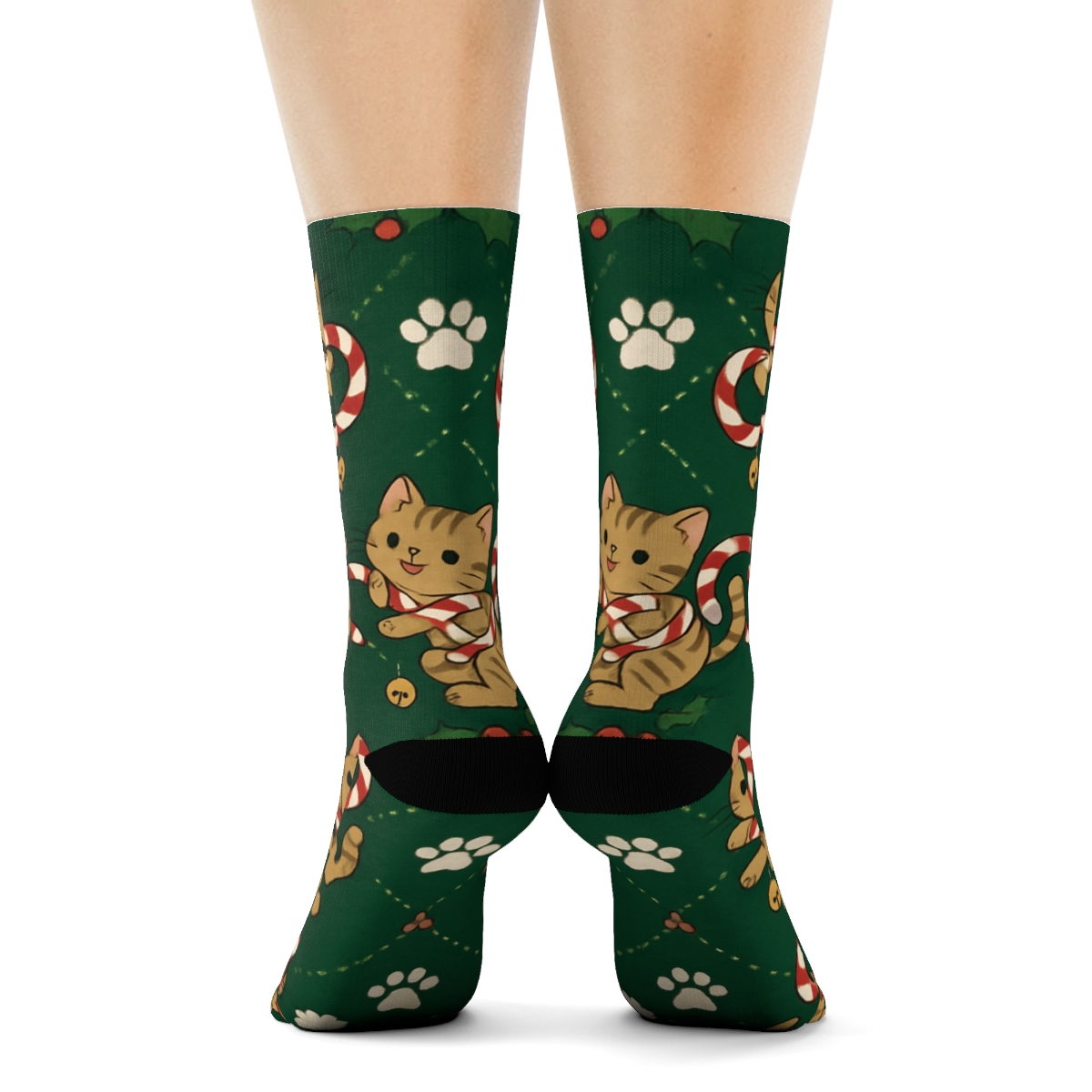 Candy Cane Kittens Lattice On Pine Green Background designer printed crew socks