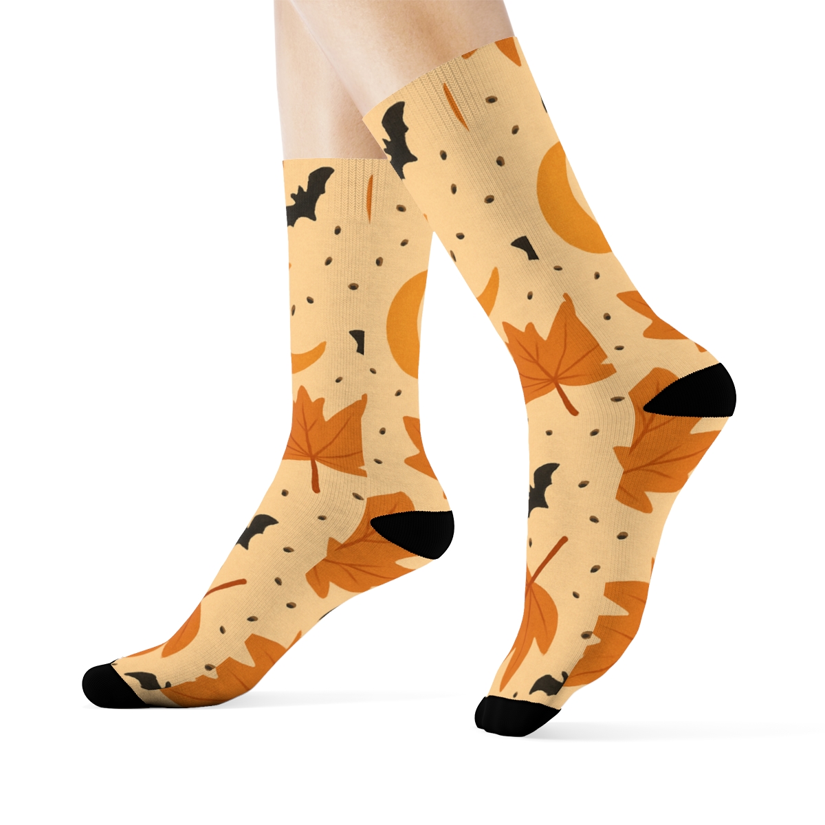 Autumn Leaf And Crescent Moon Scatter On Proper Neutral Background designer printed crew socks