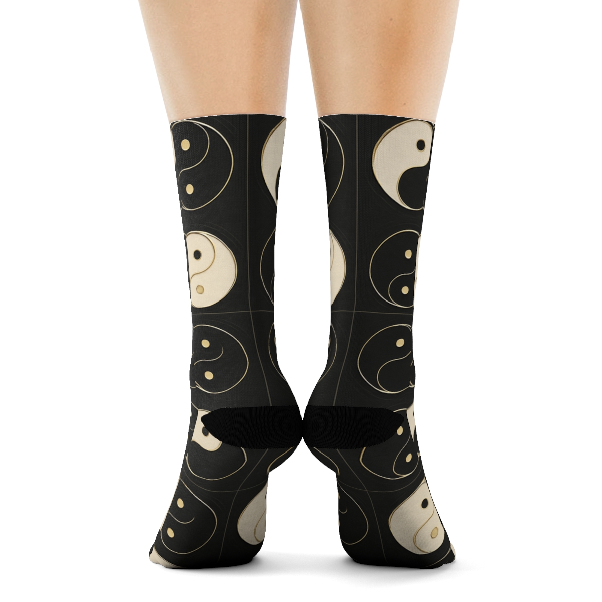 Gold Inlay Taijitu Checker On Matte Black comfortable cotton crew socks