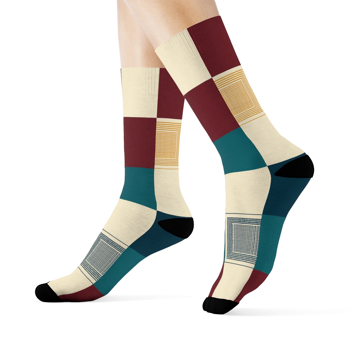 Bold Multi Color Large Block Spotlight Check designer printed crew socks