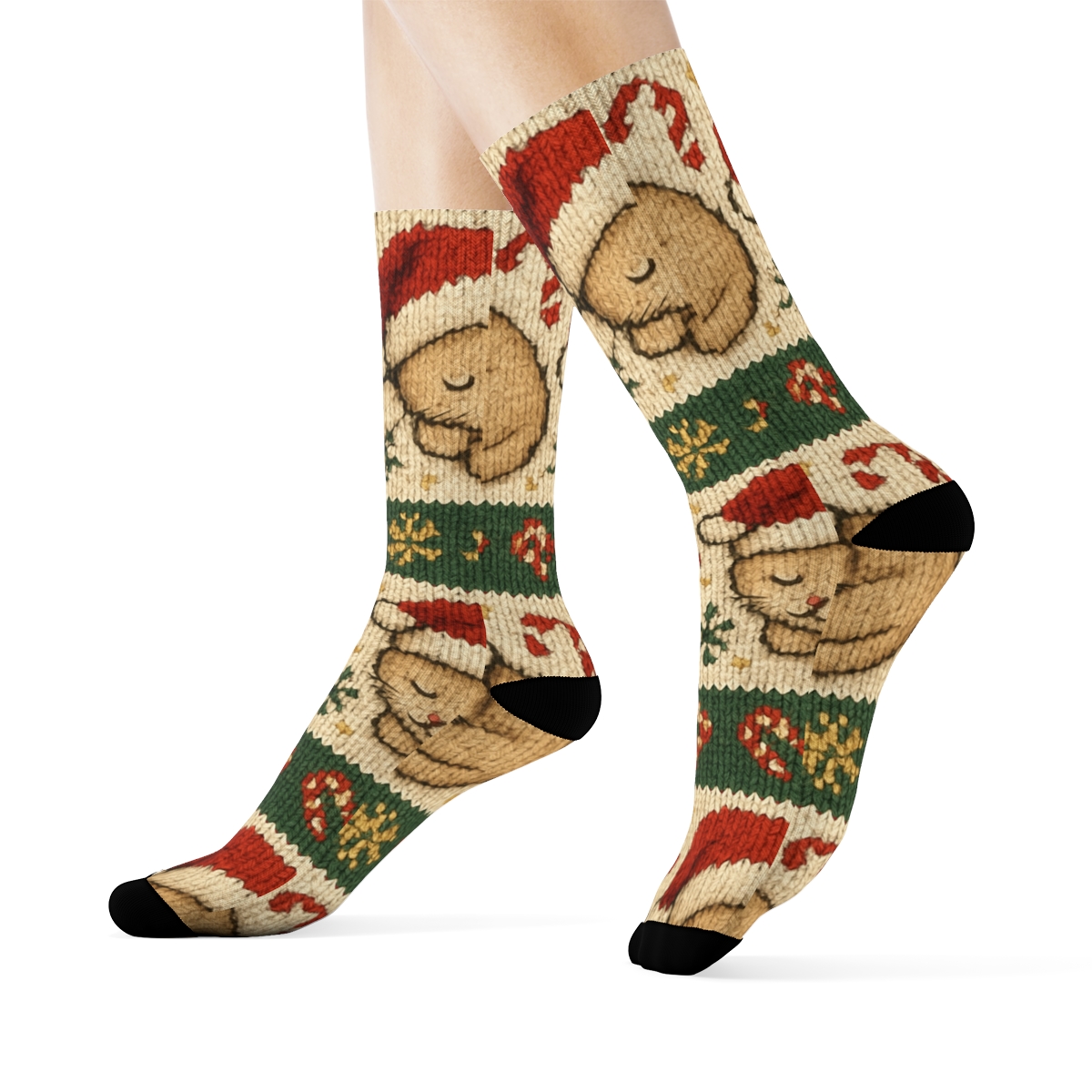 Cozy Knitted Santa Hat Kittens Fair Isle Stripe On Warm Ivory Background personalized crew socks