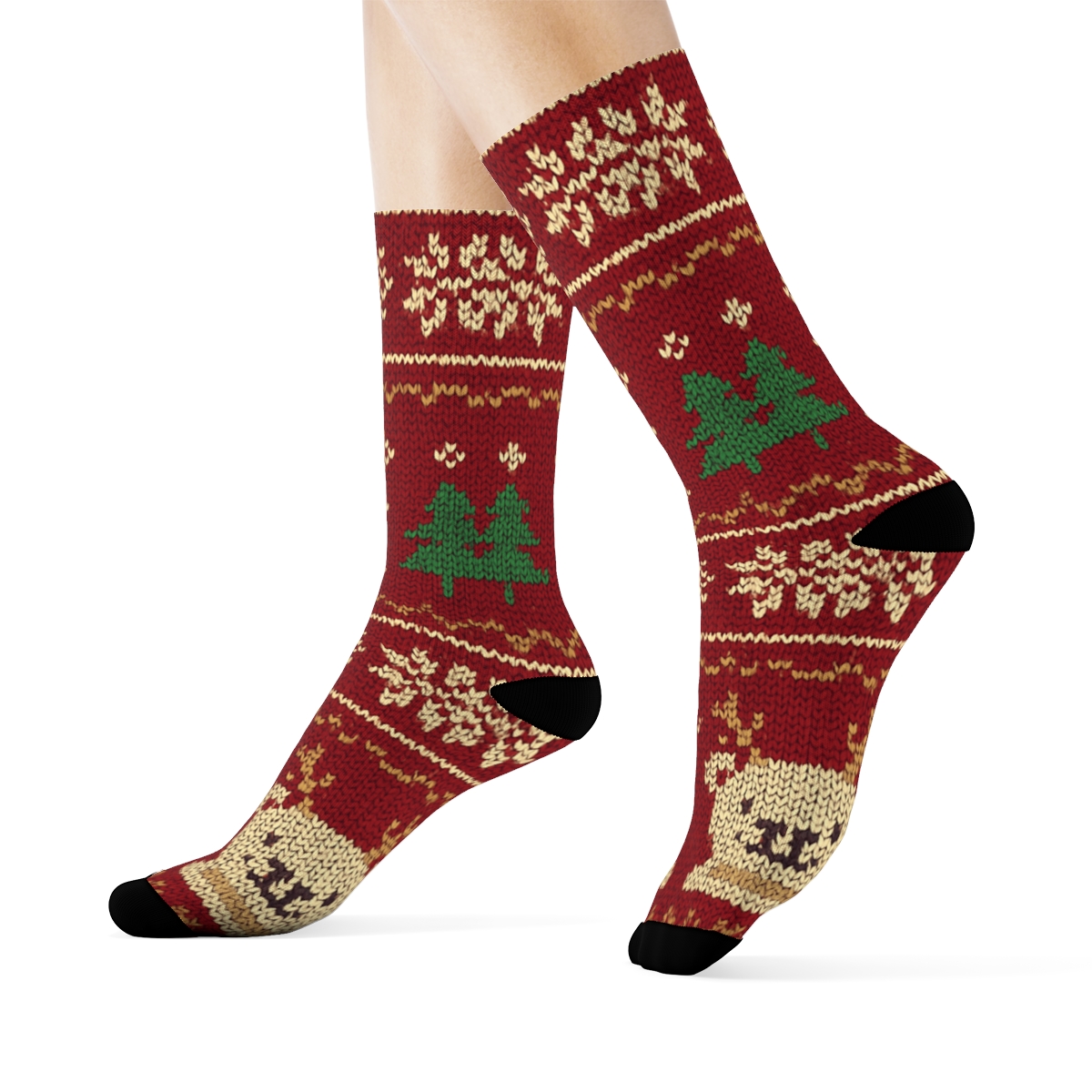 Knitted Reindeer Bear Fair Isle On Cranberry Red Background comfortable cotton crew socks