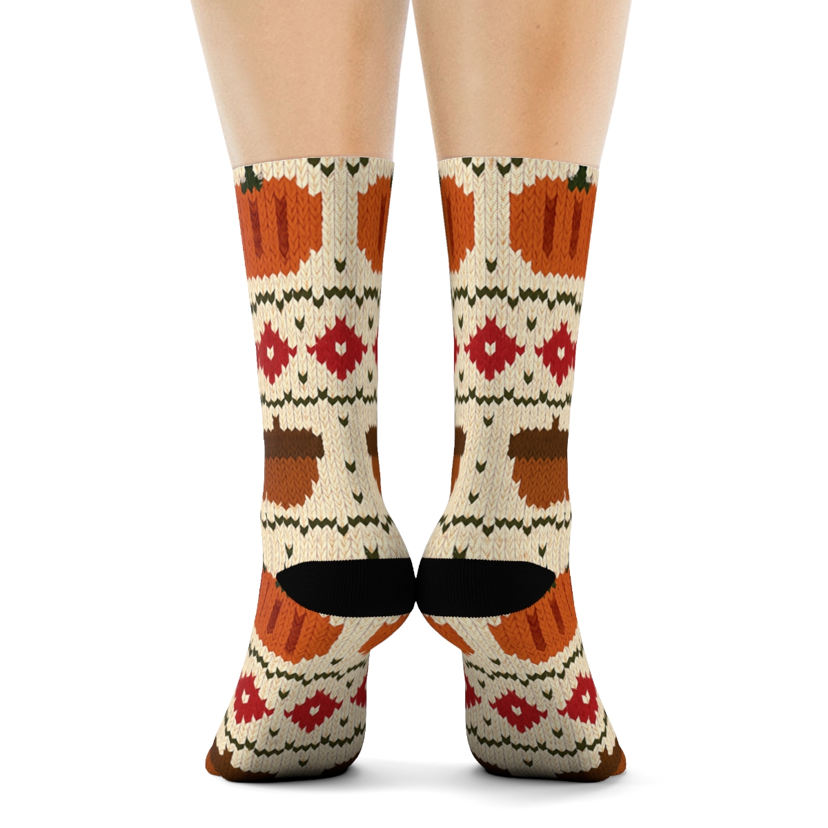 Knitted Pumpkin Acorn Fair Isle On Creamy Beige Background comfortable cotton crew socks