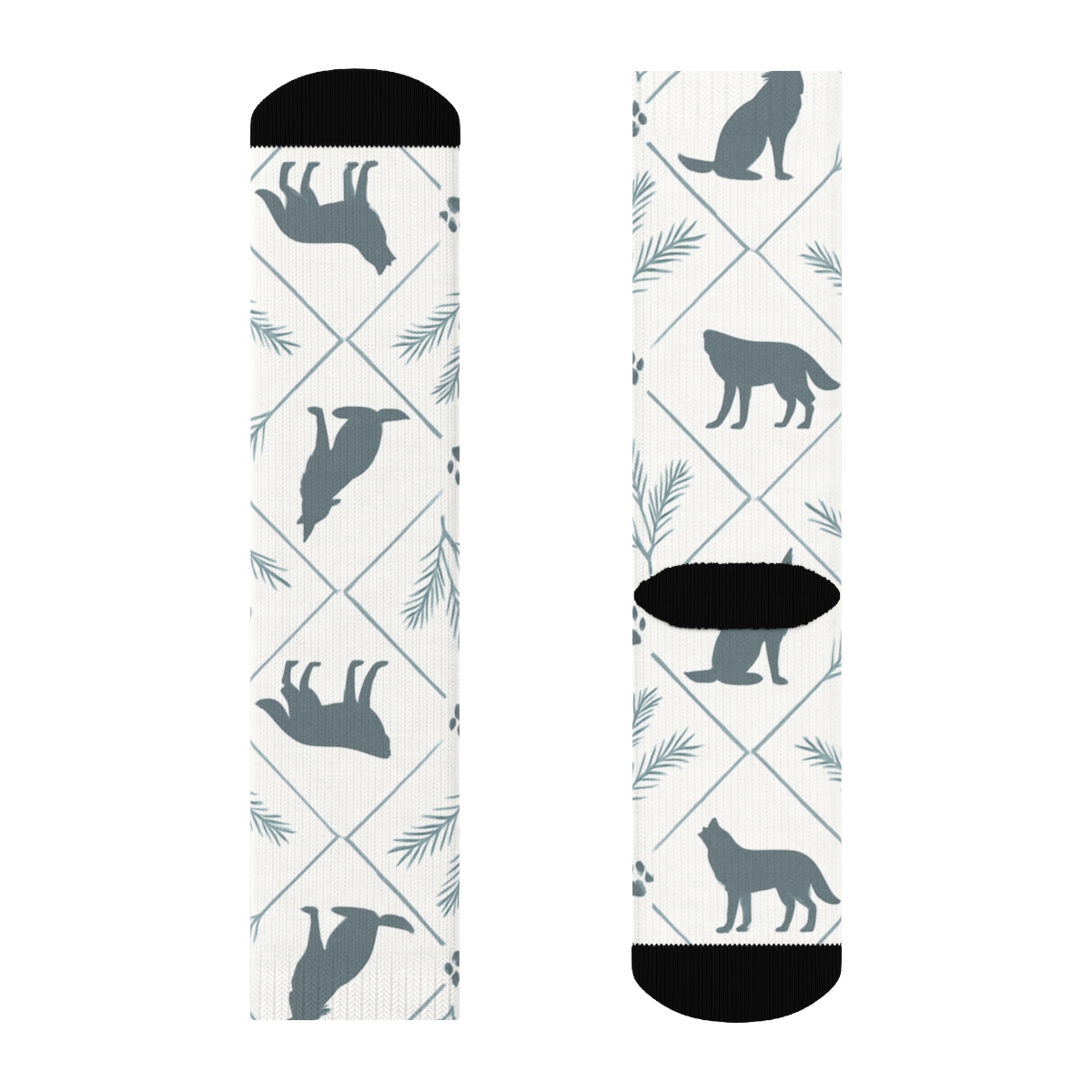 Moonlit Forest Tile With Gray Wolf Silhouettes custom crew socks