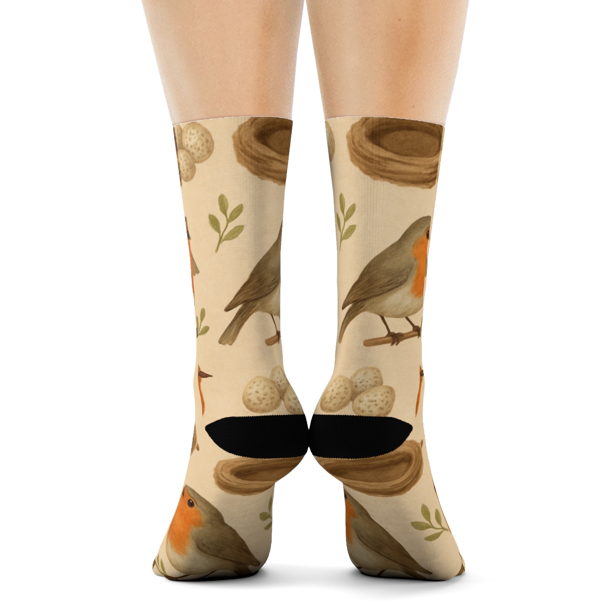 Rustic Robin Nest Ring Scatter On Beige Background personalized crew socks