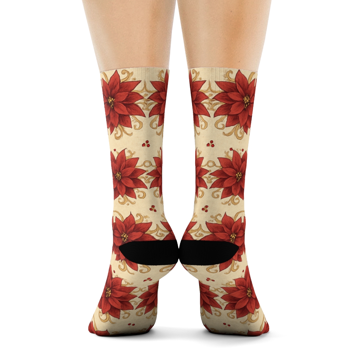 Vintage Poinsettia Wreath Bands On Ivory designer printed crew socks