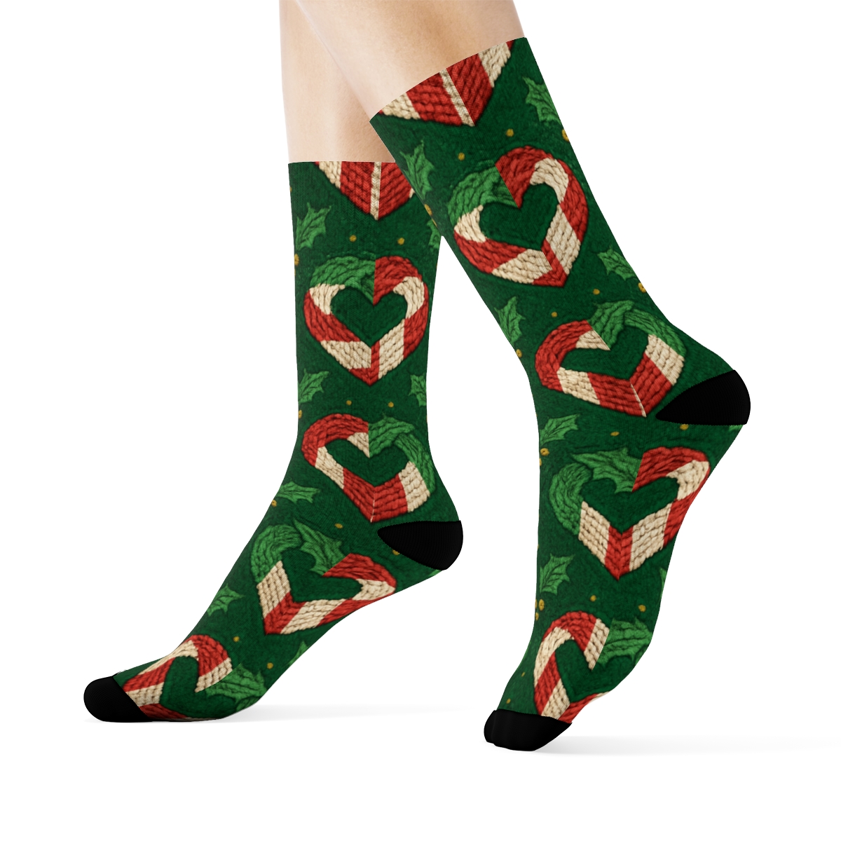 Candy Canes Chevron Hooks On Deep Green Background unique graphic crew socks