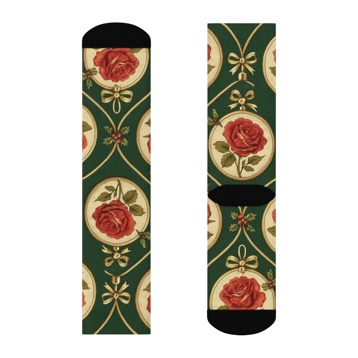 Crimson Rose Ornament Lattice On Pine Green Background trendy patterned crew socks