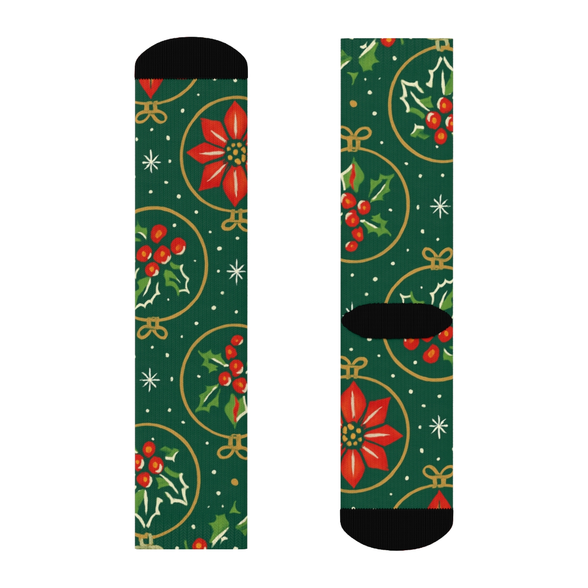 Crimson Poinsettia Ornament Lattice On Pine Green Background personalized crew socks