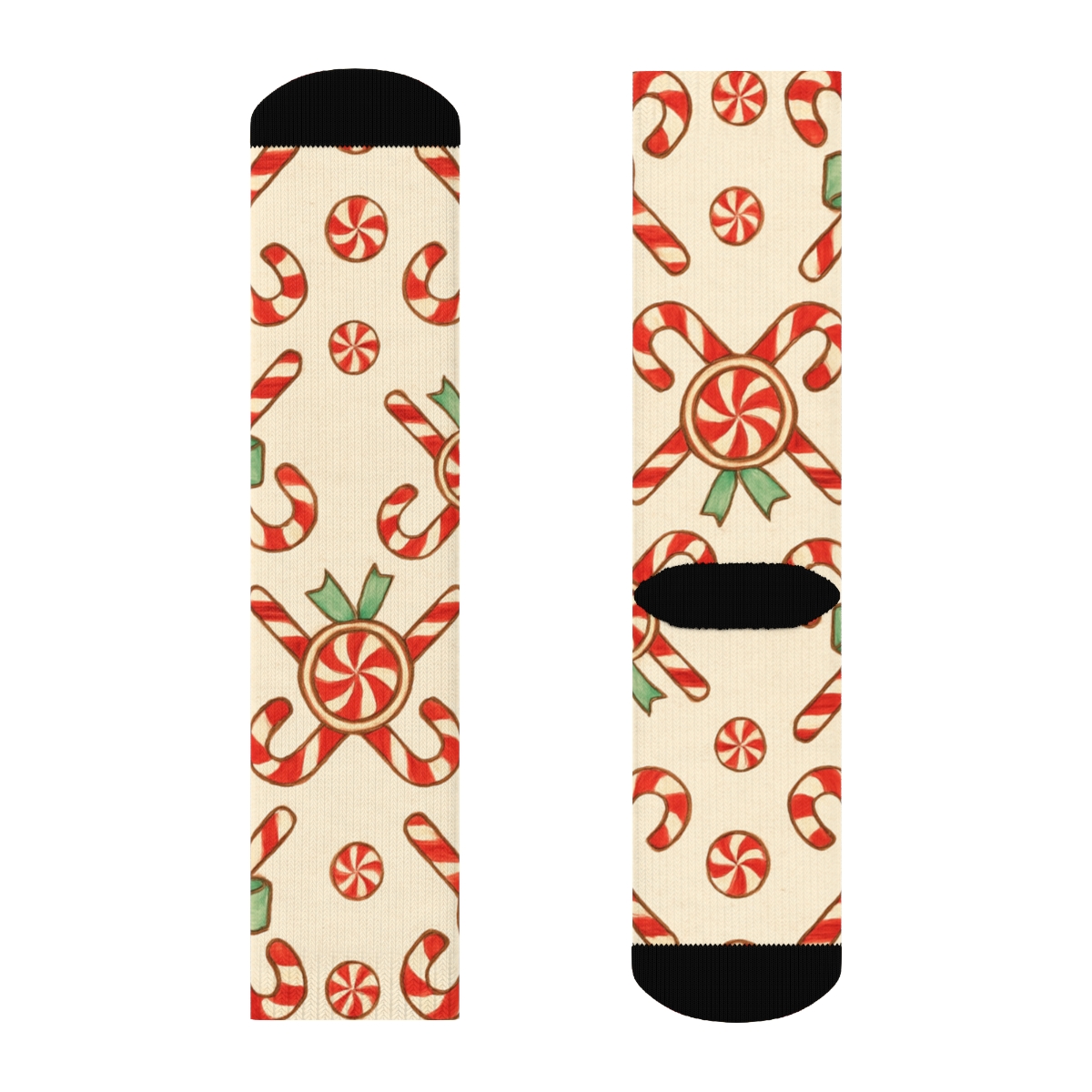 Peppermint Swirl Medallions With Candy Canes On Ivory premium sports crew socks