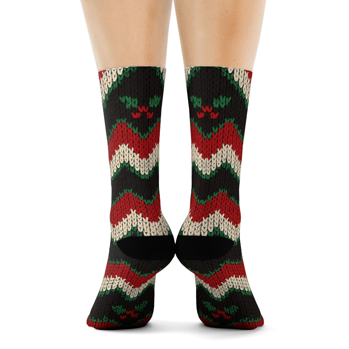 Candy Canes Chevron Knit Texture On Black designer printed crew socks