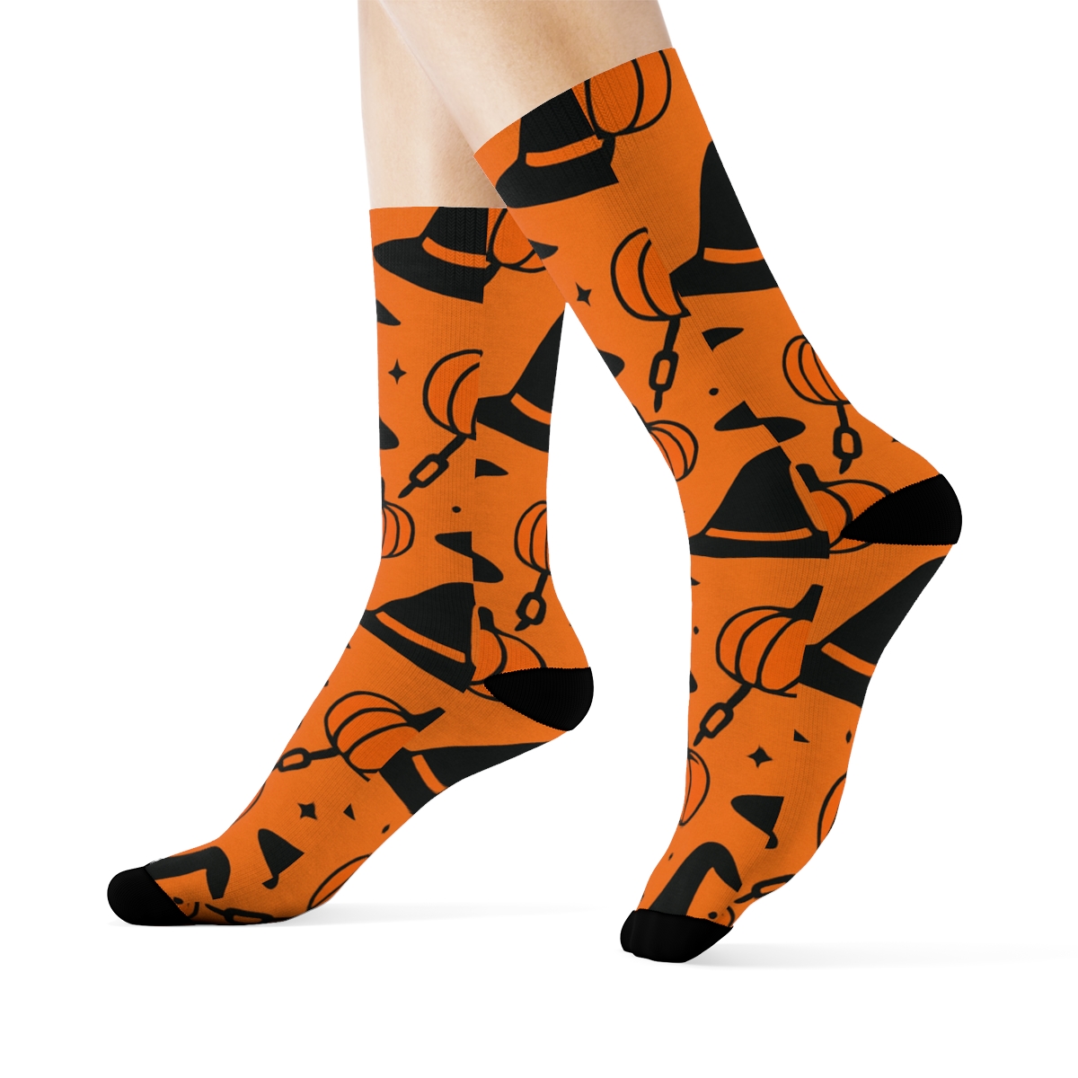 Witch Hat And Pumpkin Diagonal Chain On Orange Background unique graphic crew socks