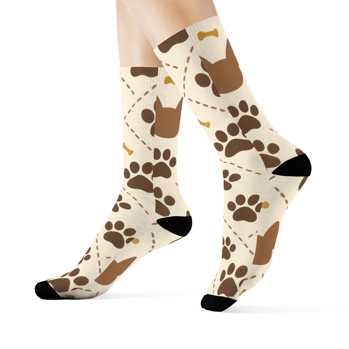 Cream Paw Print Herringbone With Collar Stitch Lines stylish athletic crew socks