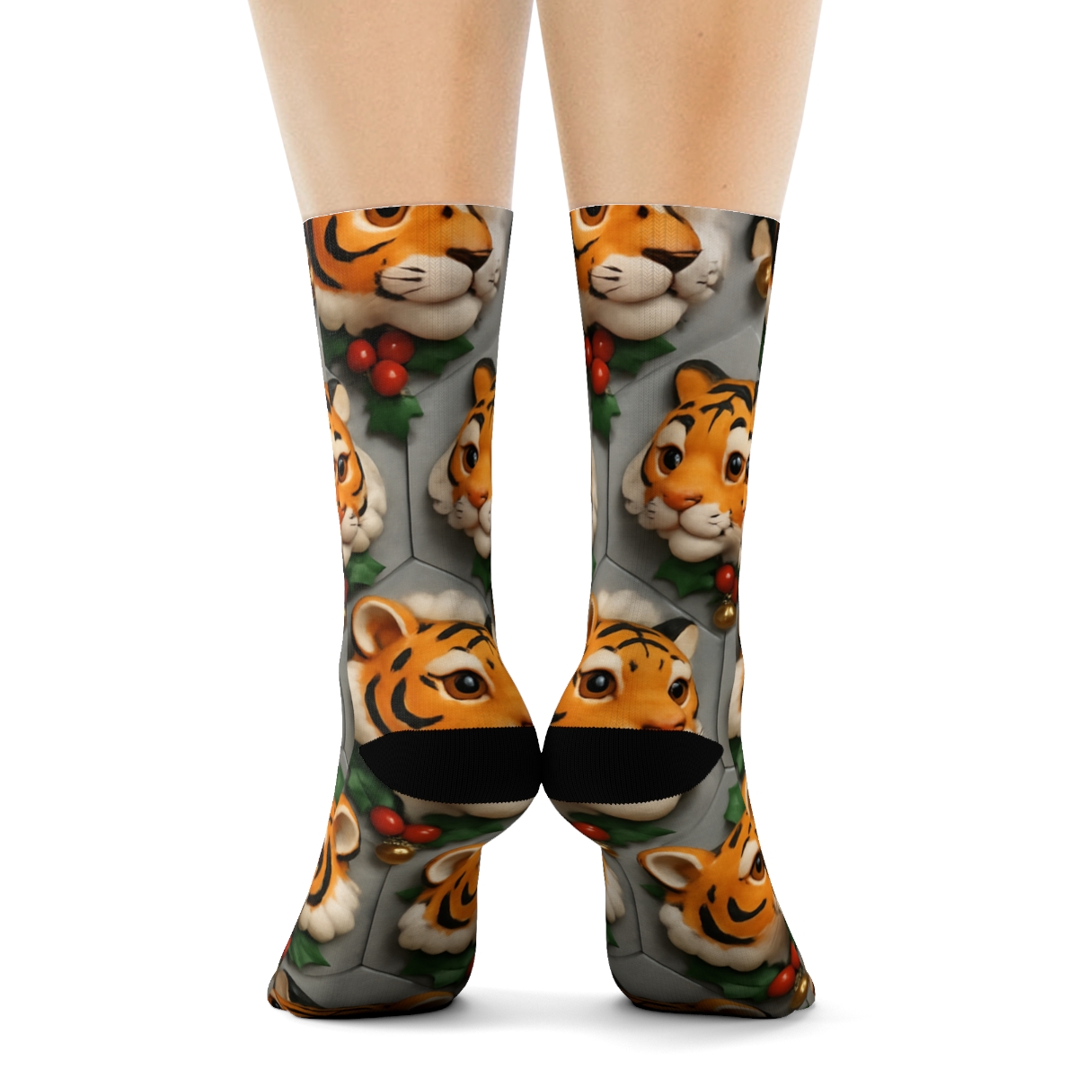 Holly Collar Tiger Tessellation On Silver Gray Background custom crew socks