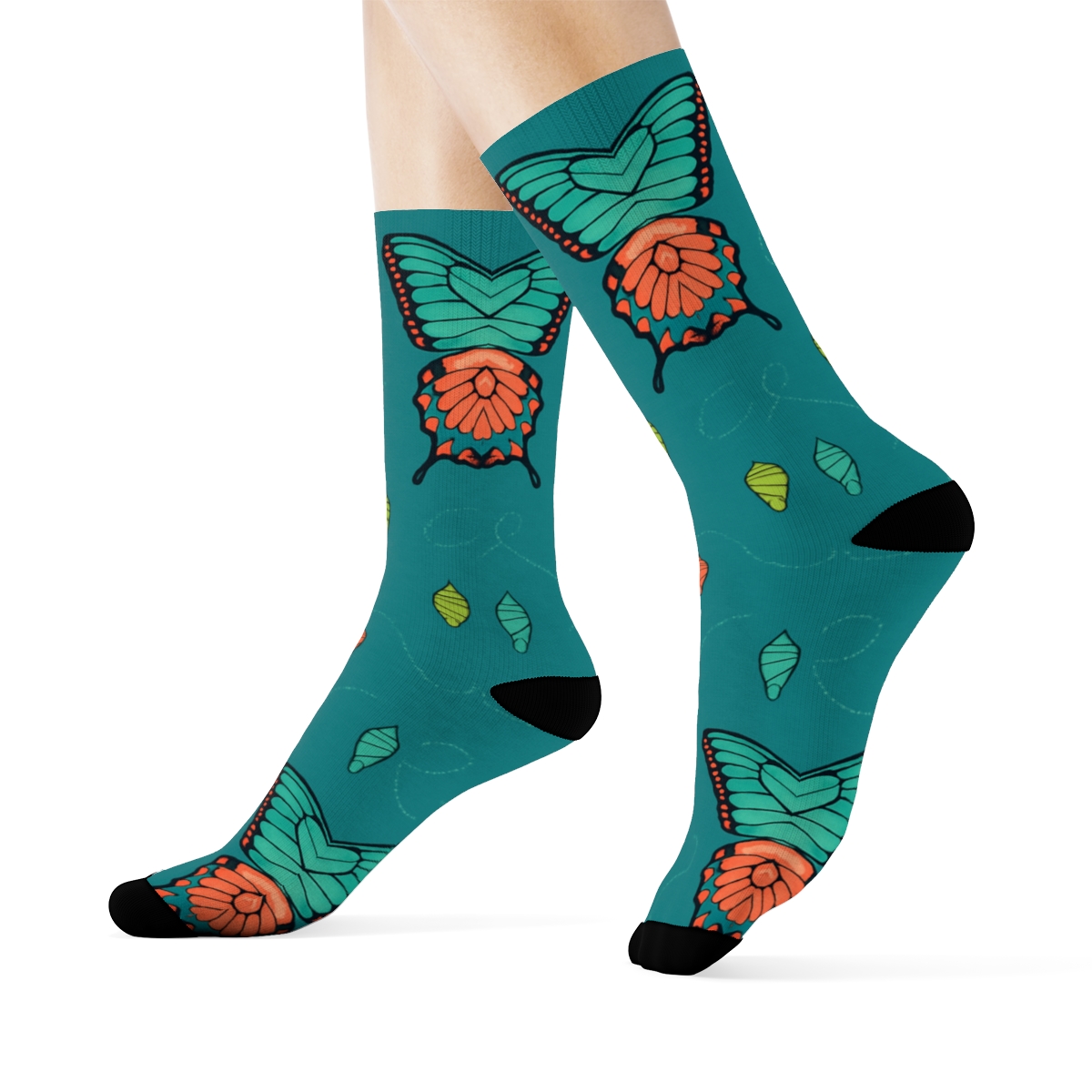 Swallowtail Mirrored Border On Teal comfortable cotton crew socks