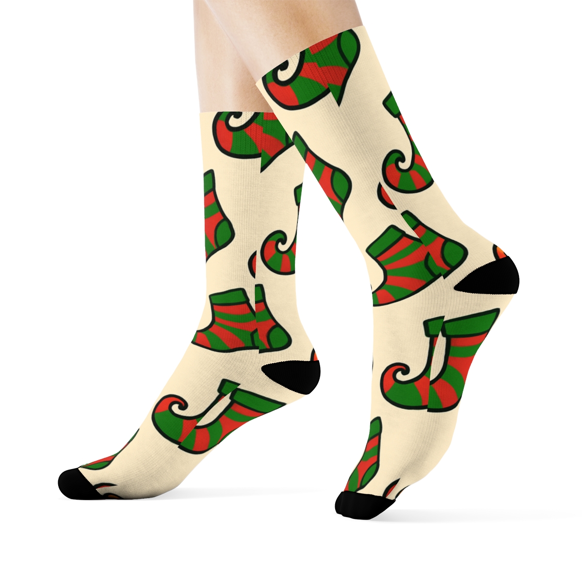 Striped Elf Socks Xmas Rhythm On Cream comfortable cotton crew socks