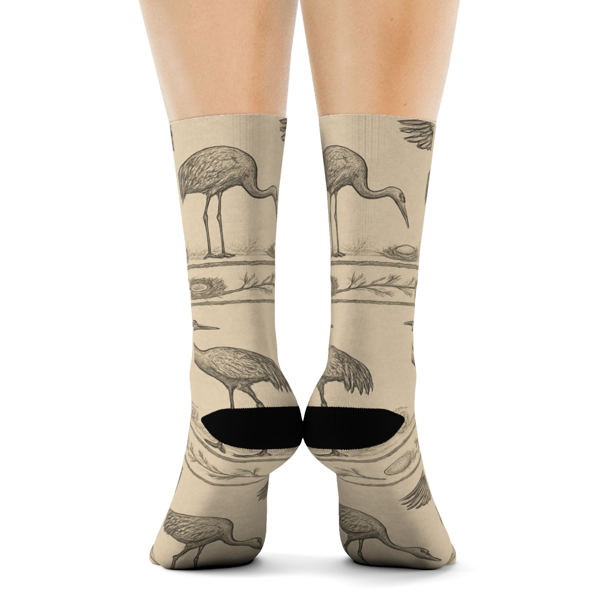 Elegant Crane Branch Band Pattern On Beige Background soft everyday crew socks