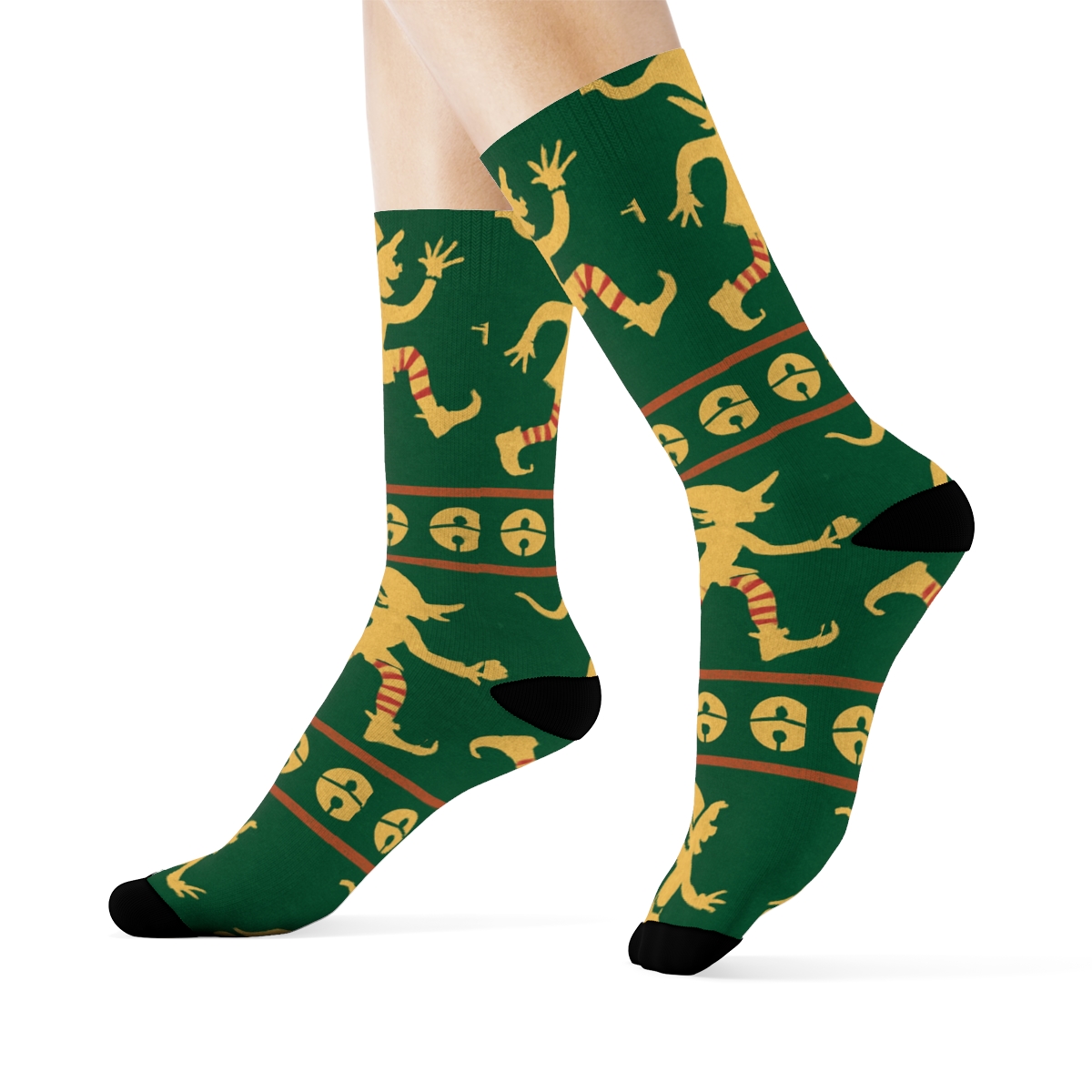 Elf Pattern Bands On Green Background comfortable cotton crew socks
