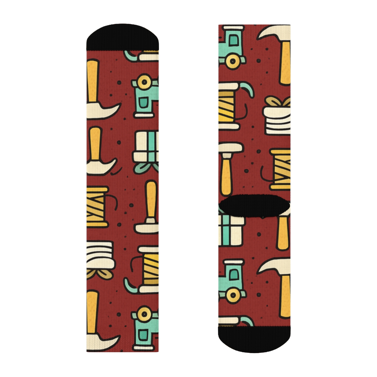 Elf Workshop Xmas Tool Icons On Red soft everyday crew socks