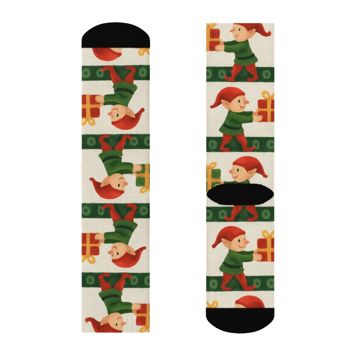 Elves With Holiday Toy Conveyor Stripe Pattern designer printed crew socks