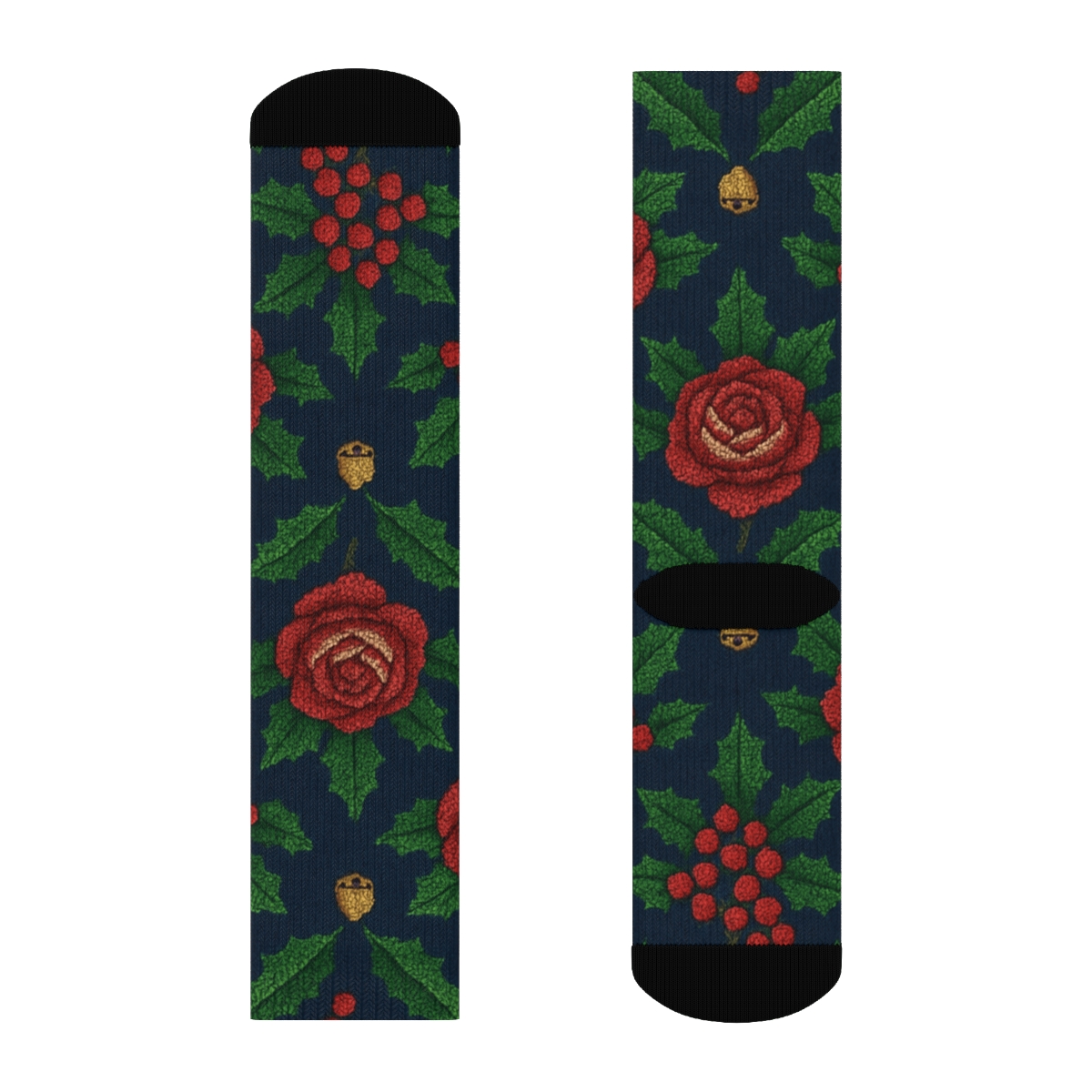 Embroidered Holly Rose Lattice On Navy Background stylish athletic crew socks