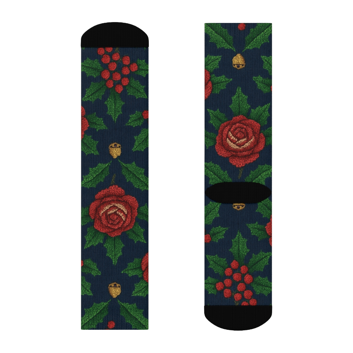 Embroidered Holly Rose Lattice On Navy Background stylish athletic crew socks