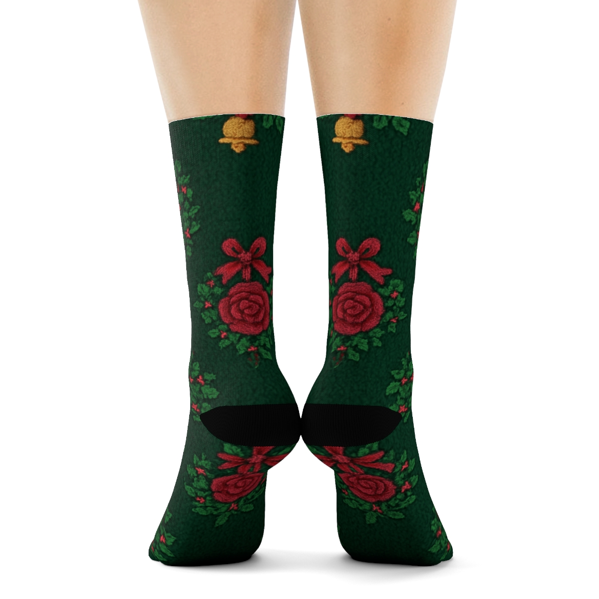 Embroidered Rose Wreath Lattice On Deep Pine Background trendy patterned crew socks