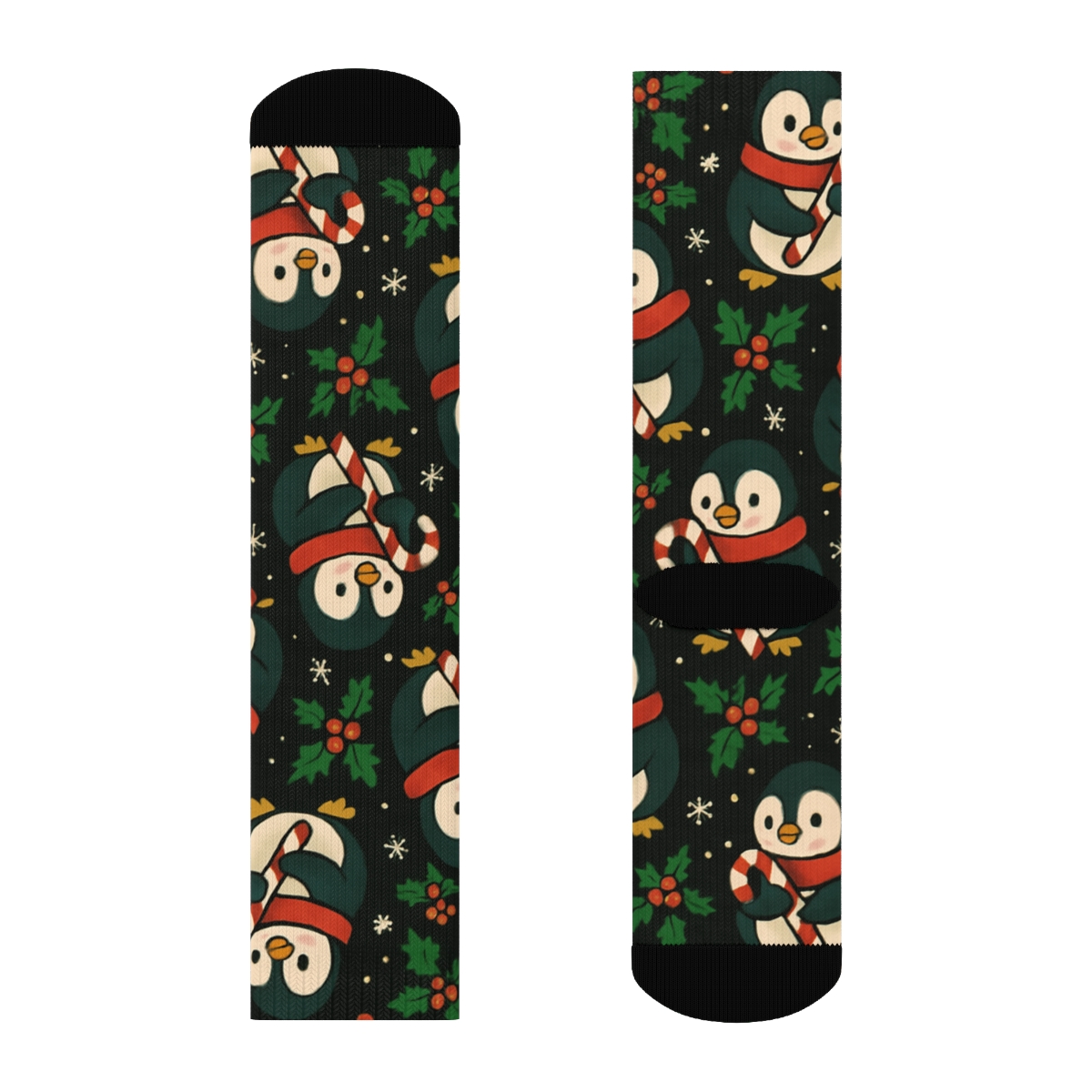 Emerald Penguin Candy Cane Tessellation On Black Background designer printed crew socks