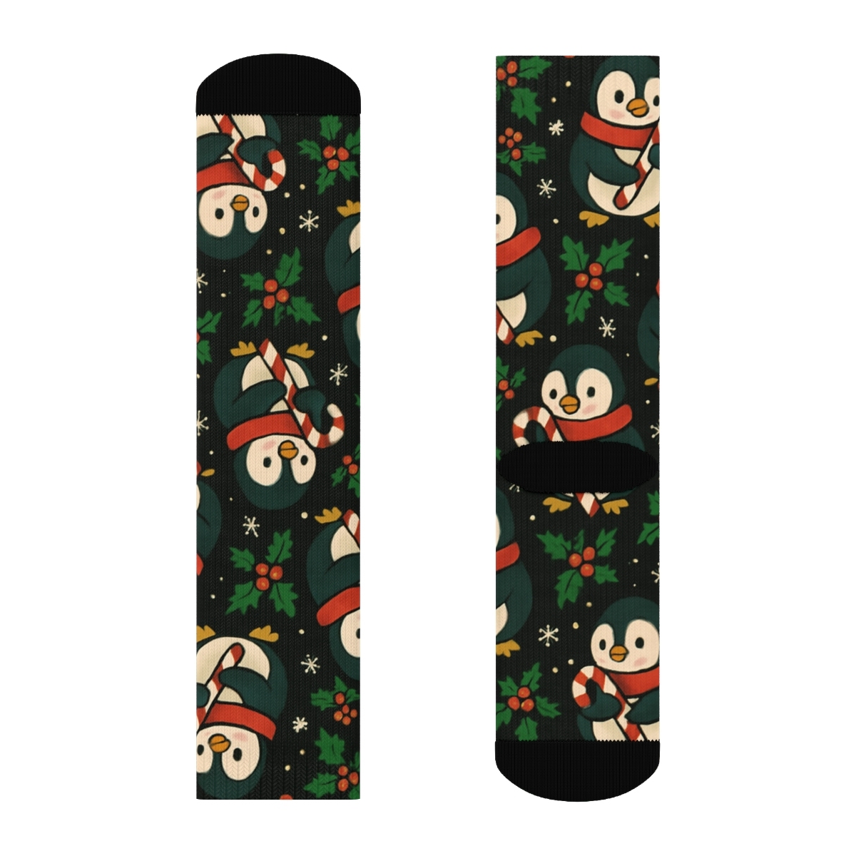 Emerald Penguin Candy Cane Tessellation On Black Background designer printed crew socks