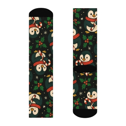 Emerald Penguin Candy Cane Tessellation On Black Background designer printed crew socks