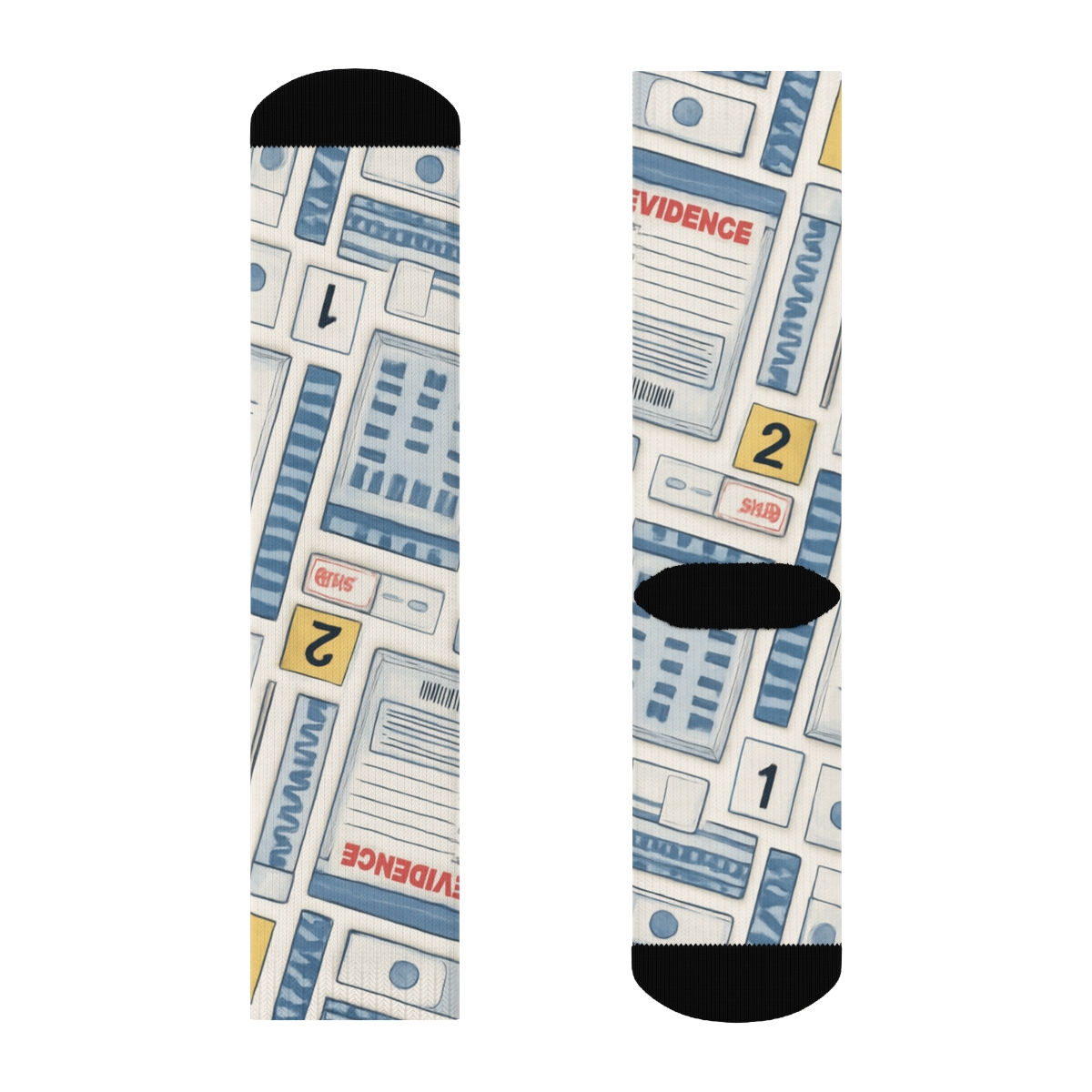 Evidence Collage Pattern With Forensic Scientist Spotlight trendy patterned crew socks