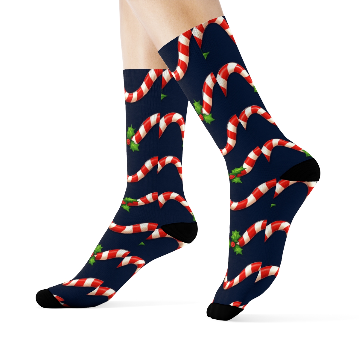 Candy Cane Wave On Deep Navy Background premium sports crew socks