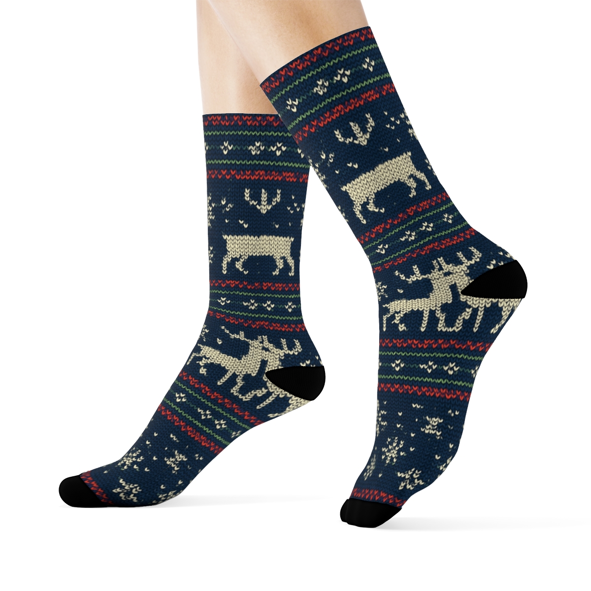 Nordic Reindeer Bands Christmas Knit Illusion soft everyday crew socks