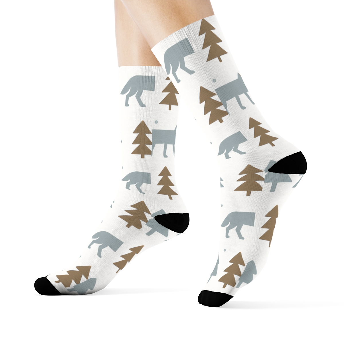 Minimalist Forest Grid With Gray Wolf Silhouettes personalized crew socks