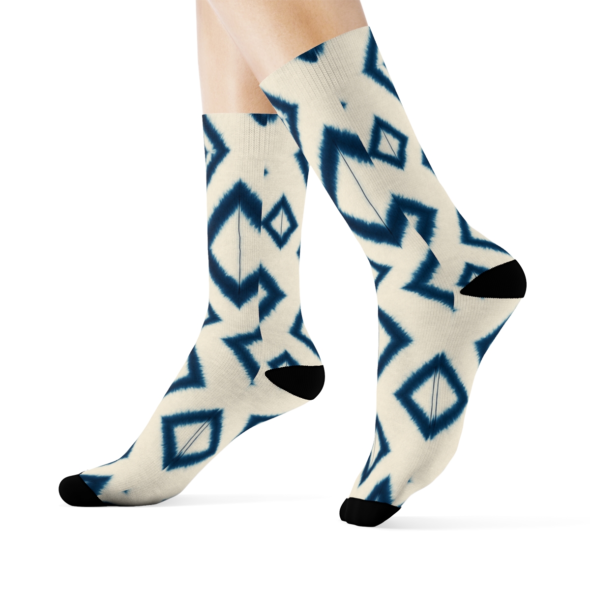 Indigo Shibori Diamond Drift On Ivory Background comfortable cotton crew socks