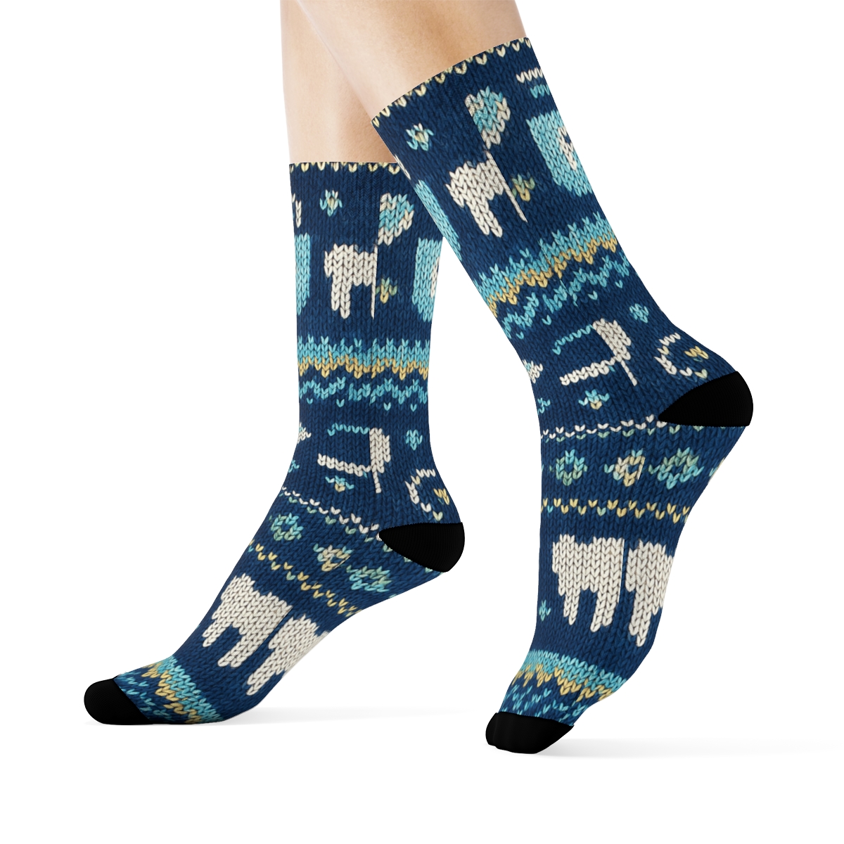 Knitted Illusion Dentist Tool Fair Isle designer printed crew socks
