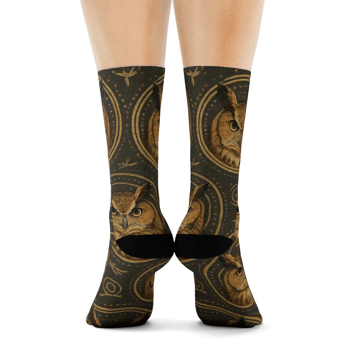 Great Horned Owl Portrait Medallions On Charcoal Background trendy patterned crew socks