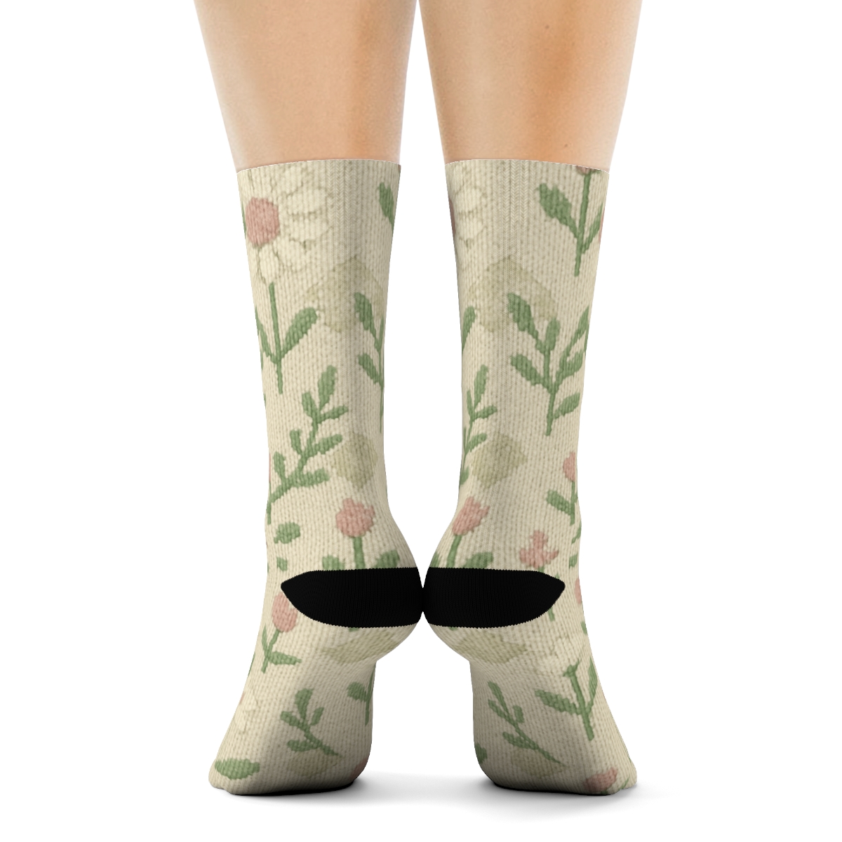 Cream And Sage Wildflower Knit Texture Grid On Warm Ivory Background trendy patterned crew socks