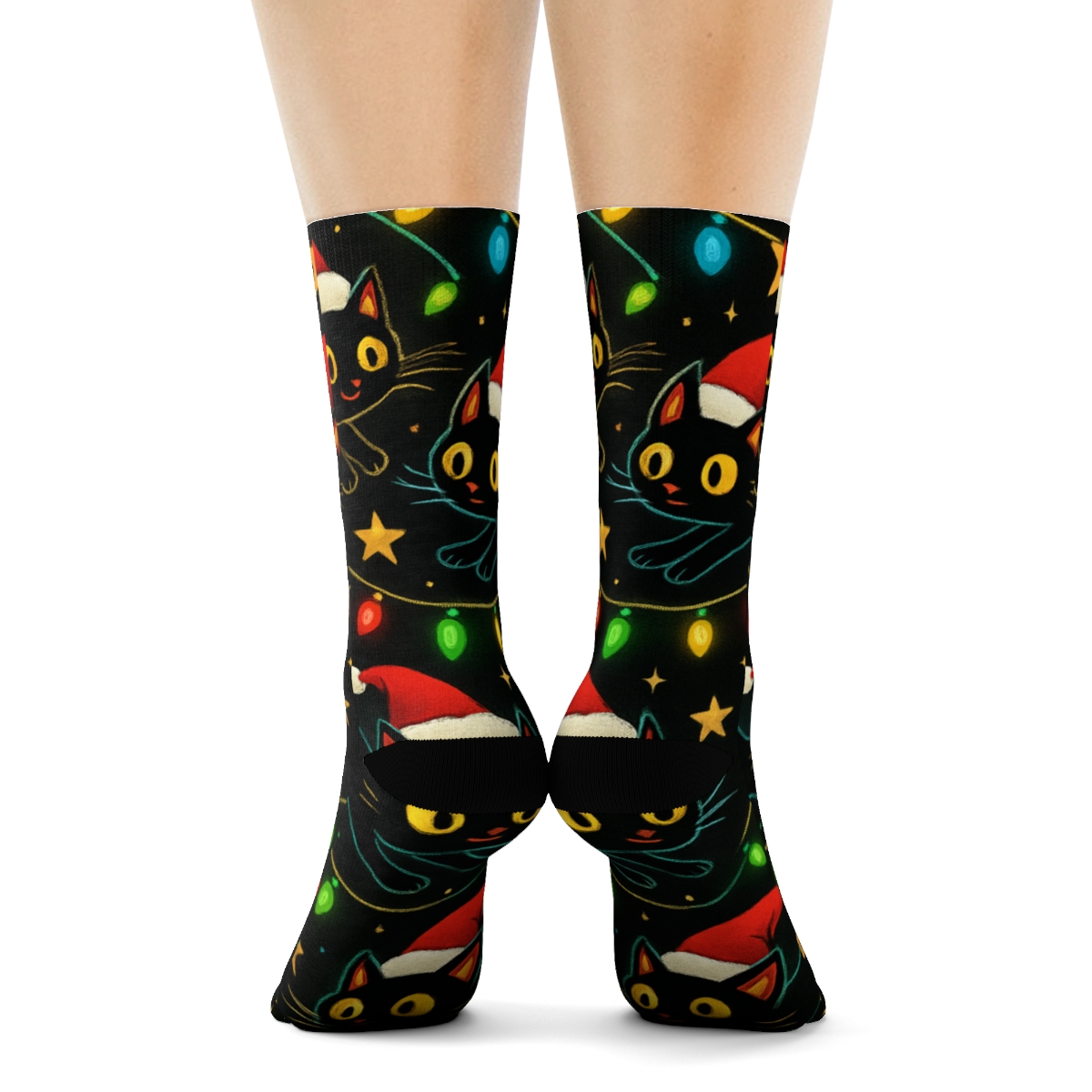 Midnight Galaxy Christmas Cat Lights Pattern trendy patterned crew socks